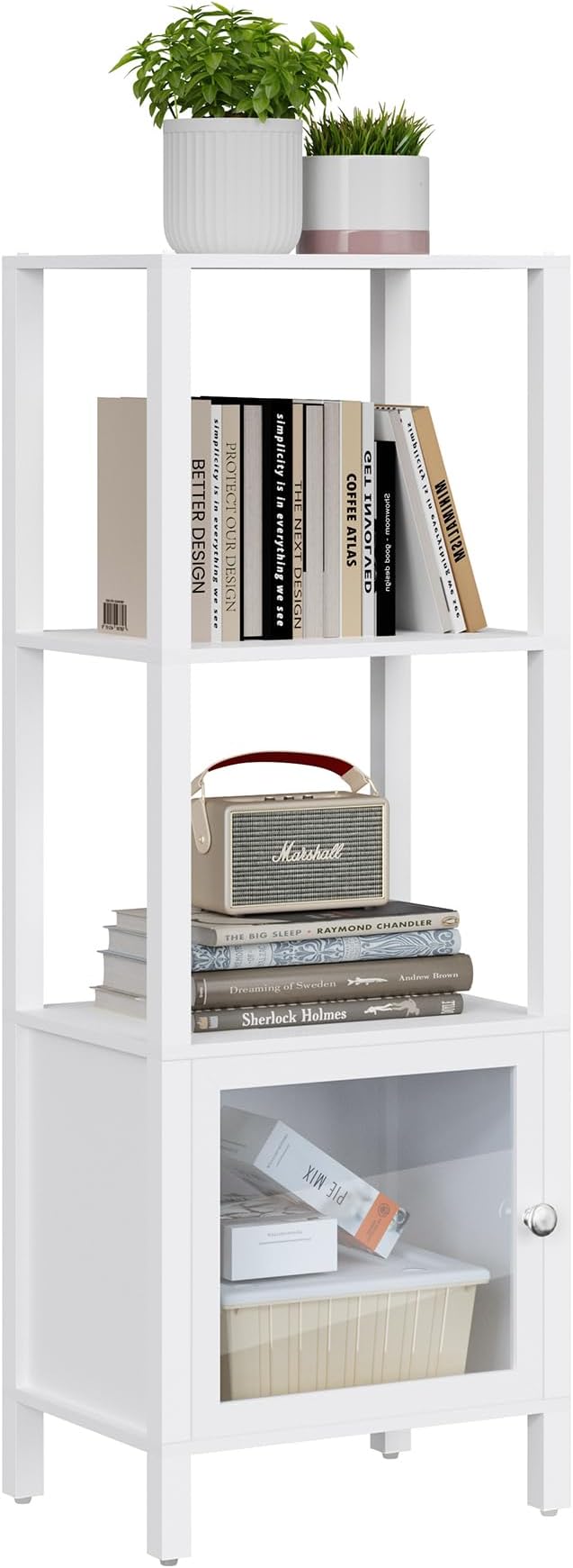 TUTOTAK 4 Tier Bookcase and Bookshelf, Narrow Book Shelf with Door for Small Space, for Living Room, Office, Study, Entryway, White BS03BW004