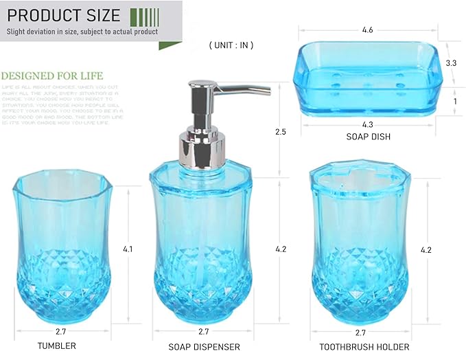Bathroom Accessories Set of Acrylic Plastic soap Dispenser, Toothbrush Holder, Toothbrush Cup, soap Dish, Blue Bathroom Accessories 4pcs Set (Blue)