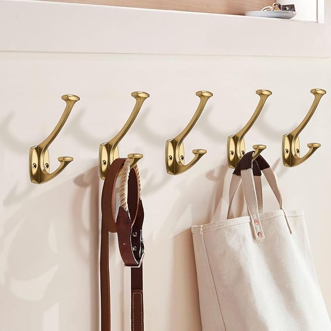 10 Pack Brushed Brass Satin Brass Hooks Decorative Heavy Duty Solid Large Coat Hooks for Towel Hanging Coats Robe Wall Mounted Towel Bags Door Back Bathroom Wall Hook.