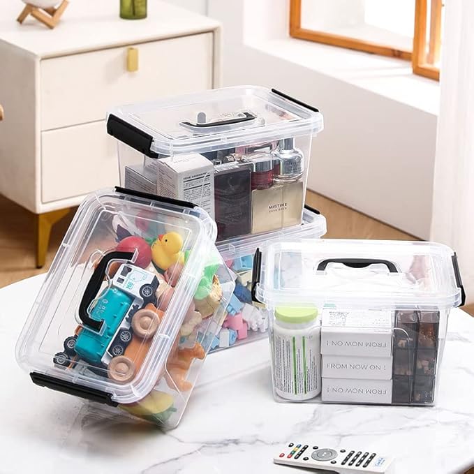 4 Pack Plastic Storage Bins with Lids and Handle, Clear Plastic Latching Box for Storage, Stackable Storage Containers for Organizing, 5 Quart