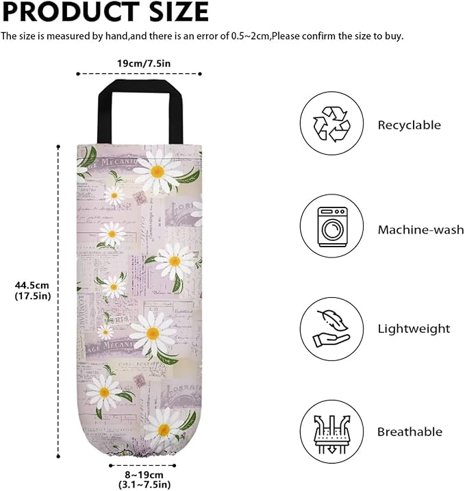 Pink Daisy Newspaper Plastic Bag Holders Wall Mount Hanging Shopping Trash Bag Storage Organizer Grocery Bags 2PCS Hanging Plastic Bag Pouch for Home Office Kitchen