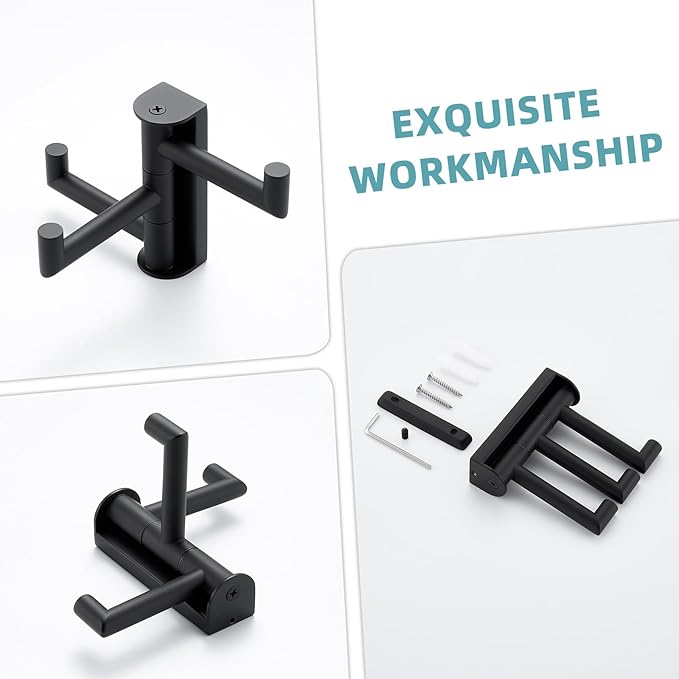 Suyar Swivel Towel Hook 3 Arms, SUS 304 Stainless Steel Coat Robe Holder, Foldable Wall Hook, Matte Black
