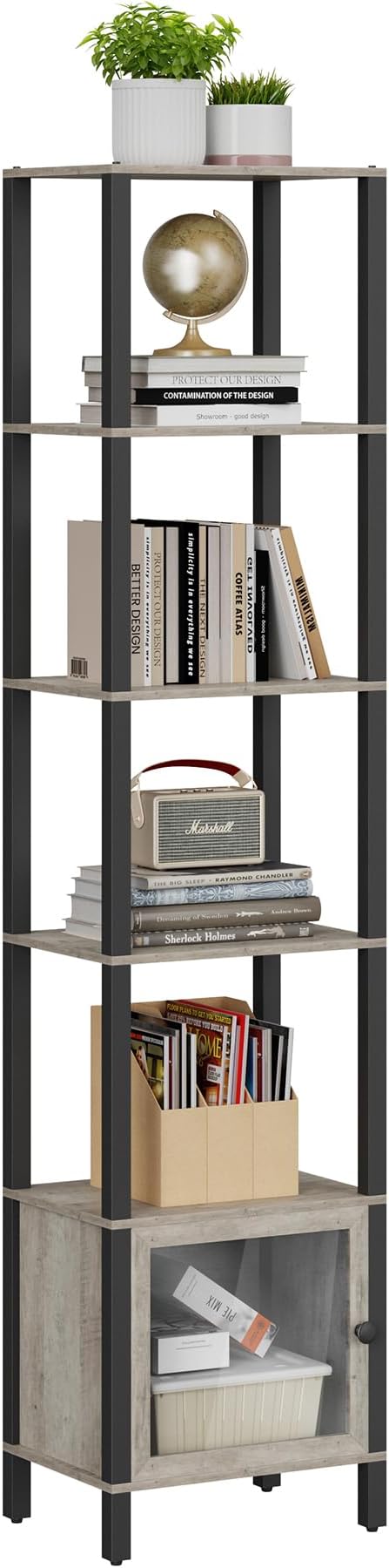 TUTOTAK 6 Tier Bookcase and Bookshelf, Narrow Book Shelf with Door for Small Space, for Living Room, Office, Study, Entryway, Greige BS03BG006