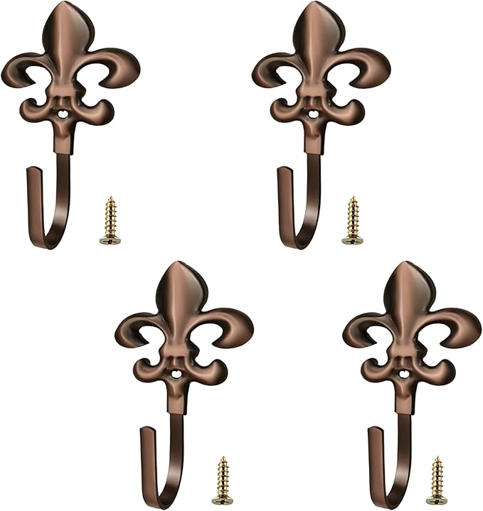 Decorative Wall Hooks for Hanging Things, Vintage Fleur De Lis Metal Coat Hooks, Heavy Duty Bronze Rustic Hooks for Key, Jewelry, Curtain Tie Backs, Towel, Hat, Small Decorative Hardware 4 Pack