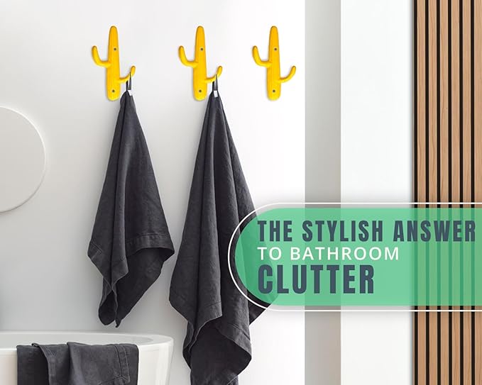 Comfify Set of 3 Hooks Cast Iron Cactus Double Wall Mounted Hooks/Hangers - Decorative Wall Mounted Hooks for Coats, Bags, Towels and More - w/Screws and Anchors Included - Yellow