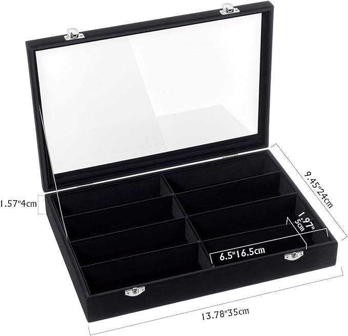 Emibele Glasses Organizer Jewelry Tray, 8 Grids with Clear Lid Velvet Tray Watch Storage Stackable Jewelry Showcase Display Storage with Detachable Inner Dividers, Black