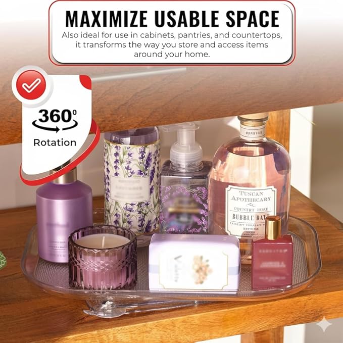 Oizeir Refrigerator Lazy Susan - Clear Rectangular Fridge Organizer - Turntable Tray Lazy Susan for Refrigerator - Cabinet & Pantry Organizer - Smooth 360° Rotating Swivel Spinning Fridge Shelf
