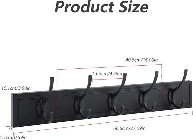 HOME MASTER HARDWARE Coat Rack Wall Mount Black, MDF Wall Mounted Coat Hooks for Hanging Coats, 27" Decorative Hat Rack for Wall with 5 Hooks