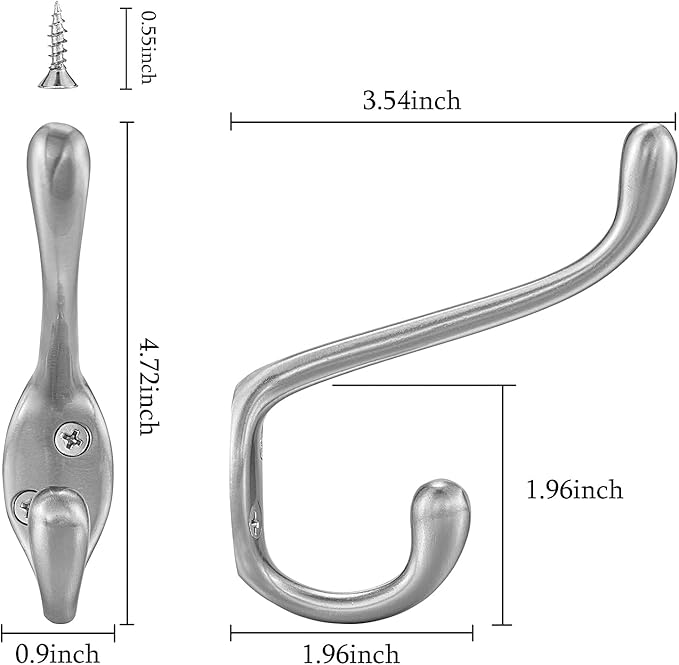 Coat Hooks 5 Pack - Heavy Duty Wall Mounted Brushed Nickel Door Hooks Double Prong Hooks for Hanging Clothes/Towels - Sturdiness Design with Better Mounting System