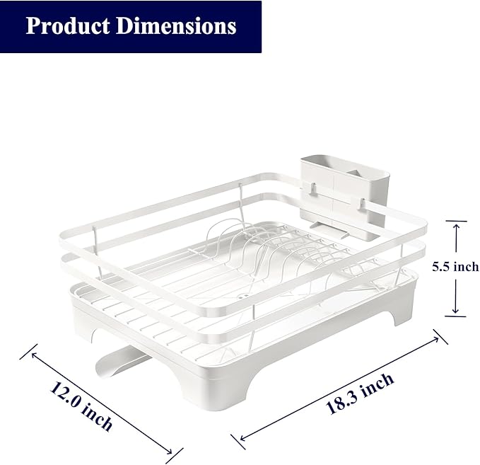 Kitsure Dish Drying Rack - Multi-Functional Dish Rack for Kitchen Counter with Cutlery Holder, Rust-Proof Storage Solution with Rotatable, 15.7" x 12.0" x 5.5", White