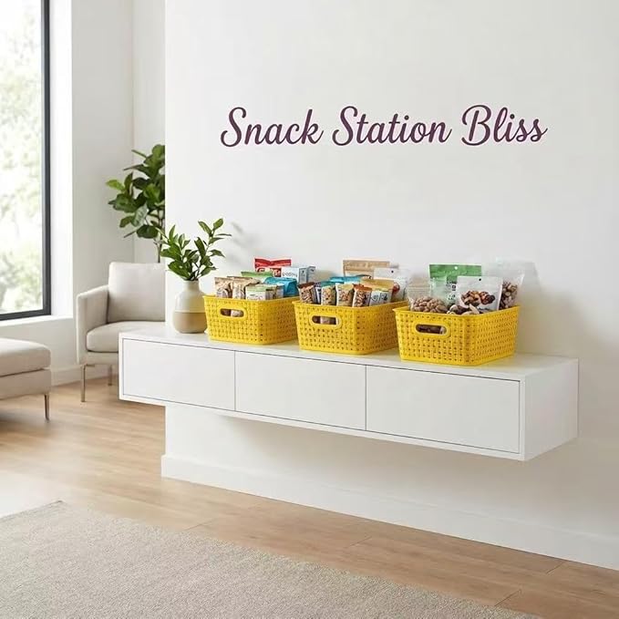 Yellow Plastic Organizer Baskets, 12-Pack Stackable Pantry Storage Baskets, Small Baskets for Shelves, Bathrooms, Kitchens, Laundry Room, Classrooms, Cabinets and Bedrooms