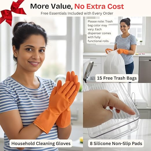 Trash Bag Dispenser with Front Opening, Stackable Garbage Bag Holder for Kitchen & Home, Fits 1 Gallon Bags, Includes Reusable Gloves, Adhesive Anti-Slip Pads & 15 Trash Bags–Large Organizer