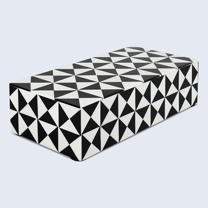 Handicrafts Home Decorative Storage Box with Lid – Black and White Box for Remote Controls, Coffee Table Storage Organizer, Keepsake Decorative Box for Shelf & Hallway Decor – Trianlge 10x4.5x2.5