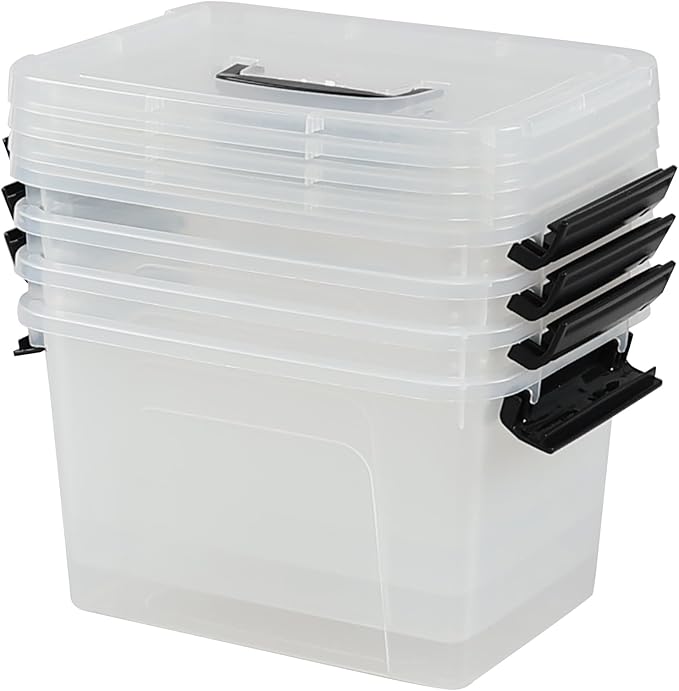 6 Quart Clear Organizer Bin with Lid Set of 4, Plastic Latching Storage Box