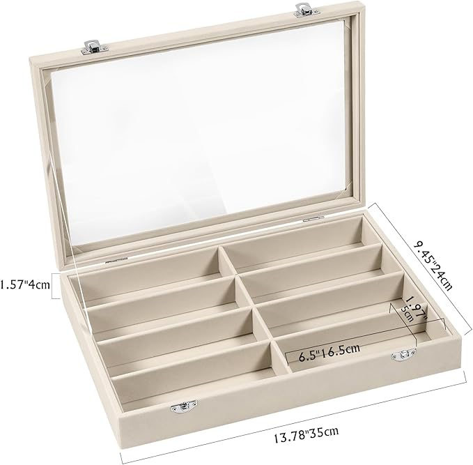 Emibele Glasses Organizer Jewelry Tray, 8 Grids with Clear Lid Velvet Tray Watch Storage Stackable Jewelry Showcase Display Storage with Detachable Inner Dividers, Beige