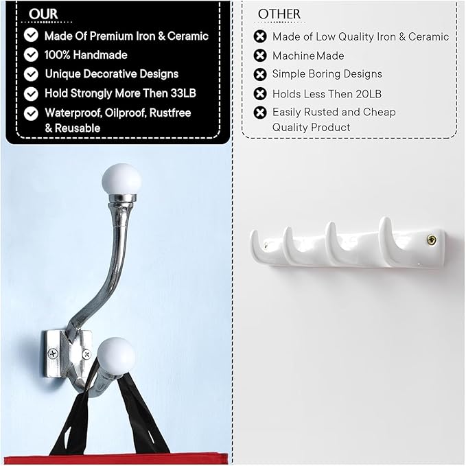 Indian Shelf 6 Pieces Exclusive Ceramic Heavy Duty Decorative Double Wall Hooks for Hanging Coats, Jackets, Leash, Hat, Towel, Backpack, Purse, Handbag for Entryway Décors :White
