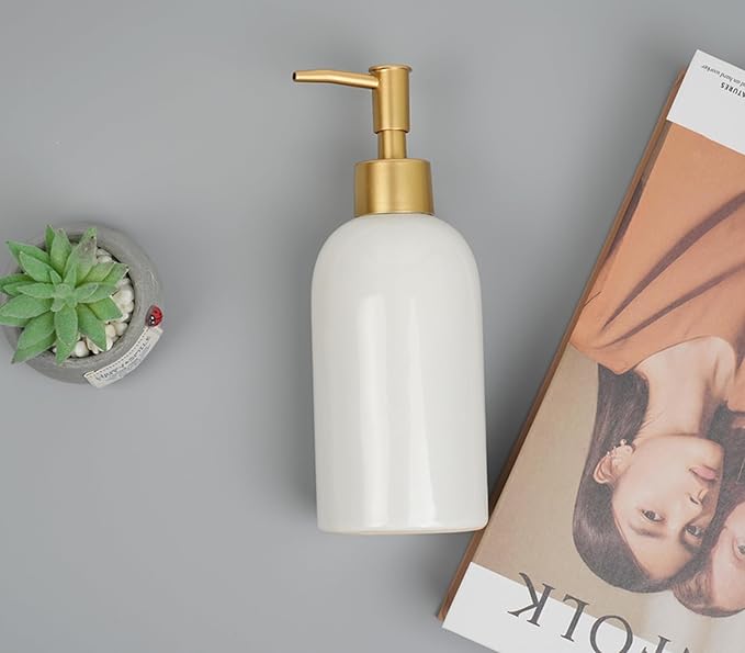Ceramic Soap Dispenser White with Gold Pump,Simple Design Cylindrical Lotion Dispenser Bottle,Refillable Liquid Hand Soap Dispenser for Kitchen,Bathroom,Washroom