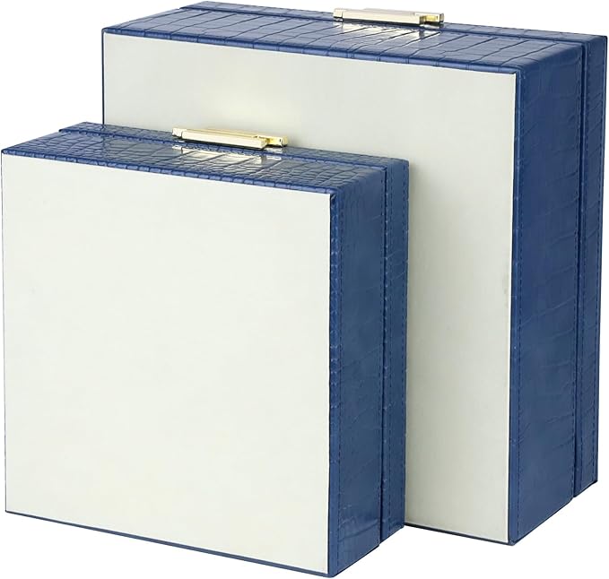 HofferRuffer Square Decorative Boxes, Set of 2 Nesting Storage Memory Keepsake Boxes with Lids, Stylish PU Leather Trinket Jewelry Organizer Box for Home Decor and Storage (Blue Croco)