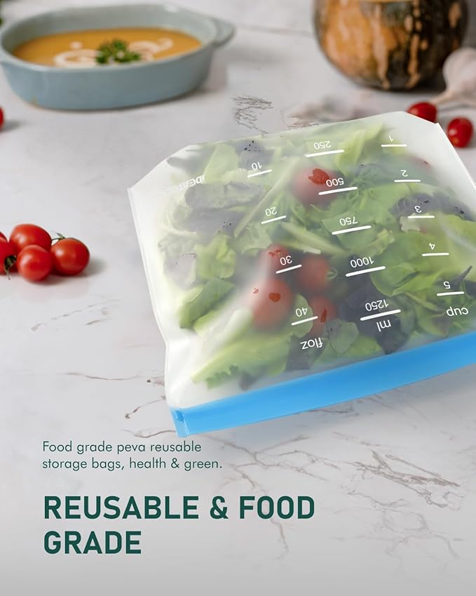 IDEATECH Reusable Gallon Freezer Bags Dishwasher Safe, Leakproof Reusable Gallon Bags Stand Up, Extra Large & BPA Plastic Free Food Storage Containers for Meats, Veggies(6 Pack)