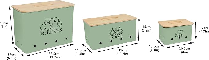 Kitchen Vegetable Storage Tins Set of 3 for Potato Onion & Garlic with Wooden Lid, Kitchen Storage Canisters Set, Long Shelf Life - Green