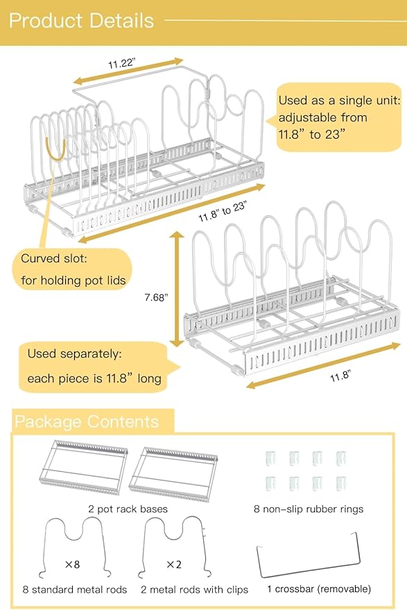Pot and Pan Organizer for Cabinet & Drawer, Expandable Pan and Lid Rack with Handle Support Bar, Adjustable Cookware Storage for Pots, Lids, Bakeware