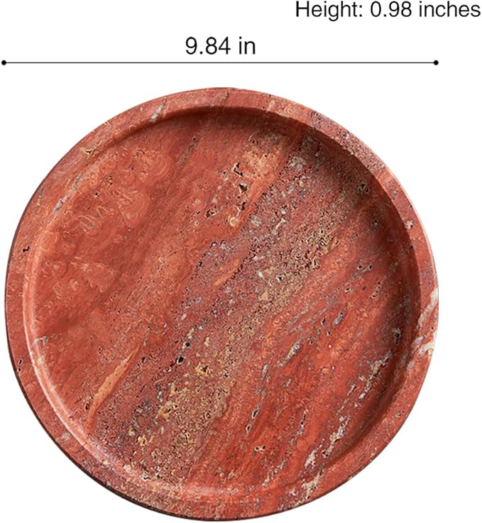 Natural Travertine Tray for Bathroom Countertop & Coffee Table, Round Stone Serving Dish with Marble Finish (Red, 9.84")