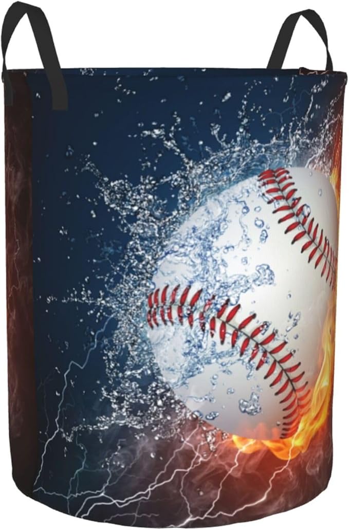 Sport Baseball Ball In Fire And Water Round Laundry Hamper Storage Basket Toys Clothes Organizer Bin For Home Bathroom Bedroom Dorm Nursery, 38l