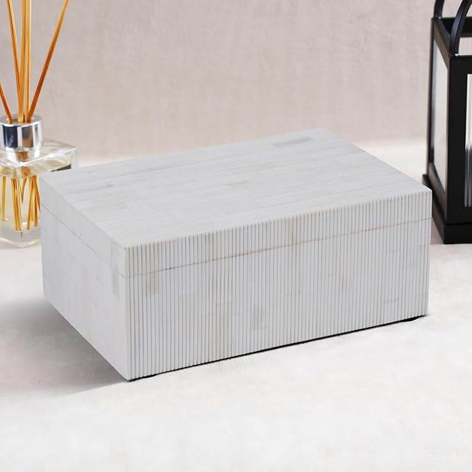 Handicrafts Home Large Decorative Storage Box with Lid – 9x6x3.5” Coffee Table Organizer, Keepsake- Decorative Boxes for Home Decor, Stylish Decorative Box for Office Decor- White Stripped