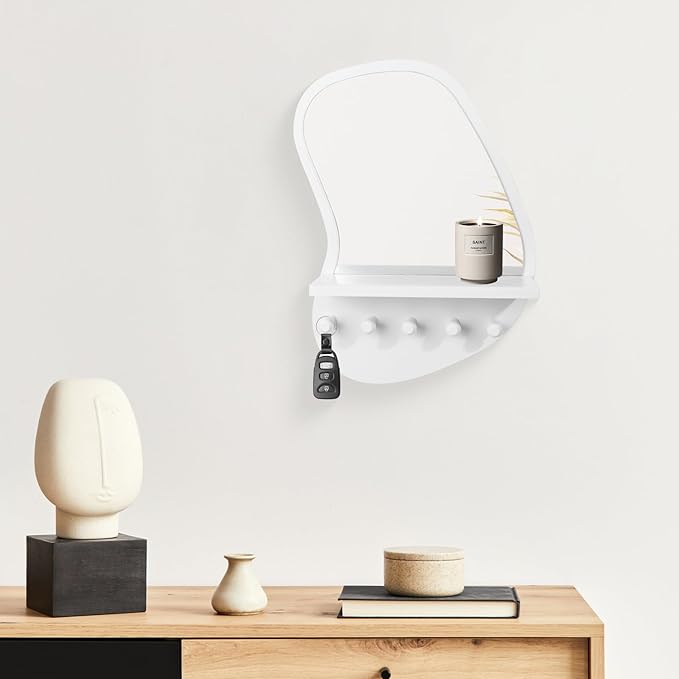 SANY DAYO HOME Wall Mount Wood Frame Irregular Mirror with 5 Wooden Hooks and Shelf, Modern Decorative Hanging Mirror for Entryway, Bedroom, Living Room (16″ x 12″, White)