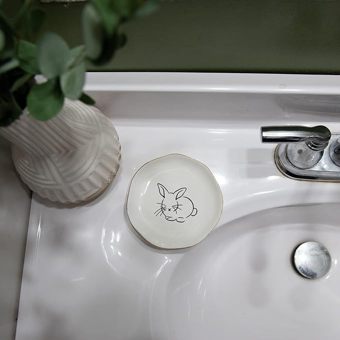 HOME SMILE Bunny Ring Dish,Rabbit Jewelry Tray,Easter Gifts for Women,Ceramic White,4"