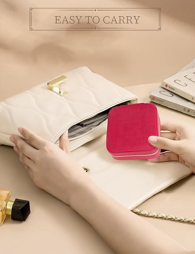 Plush Velvet Travel Jewelry Case Small Jewelry Box Jewelry Organizer Storage Case Portable Jewelry Travel Case for Girls Womens Earring, Necklace, Rings,Bracelets with Mirror