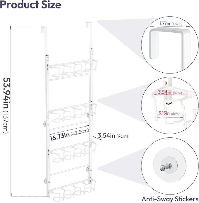 SWTYMIKI 4-Tier Water Bottle Organizer – Over the Door Stanley Cup Holder, Cup Organizer for Door or Wall Mount Option, Stanley Accessories for Pantry, Dorm, Office, RV Use, White