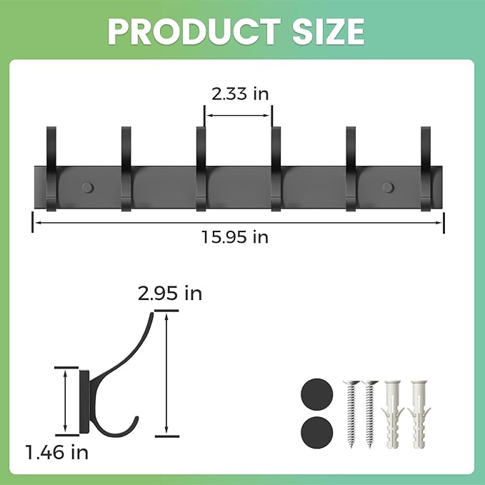 Coat Rack Wall Mount with 6 Hooks (Black, 1 Pack), Heavy Duty Coat Hooks Wall Mount for Entryway, Bedroom, Closet, Wall Hooks for Hanging Hats, Bags, Purses