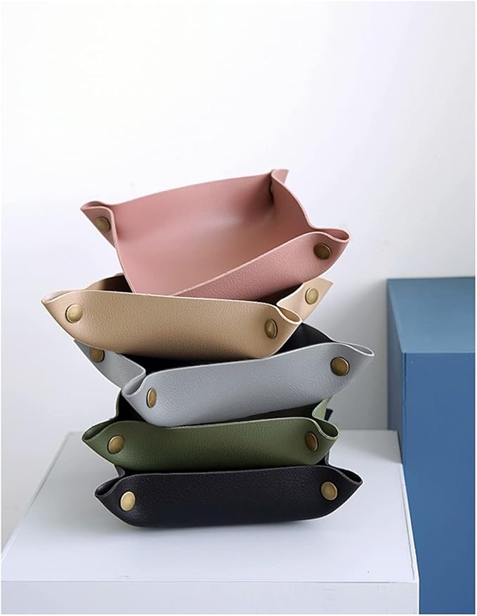 Valet Tray, Leather Tray, Small Catchall Tray, Foldable Jewelry Travel Organizer, Suitable for Travel, Storage, Nightstand, Home or Office (Black-S)