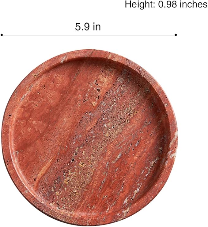Natural Travertine Tray for Bathroom Countertop & Coffee Table, Round Stone Serving Dish with Marble Finish (Red, 5.9")