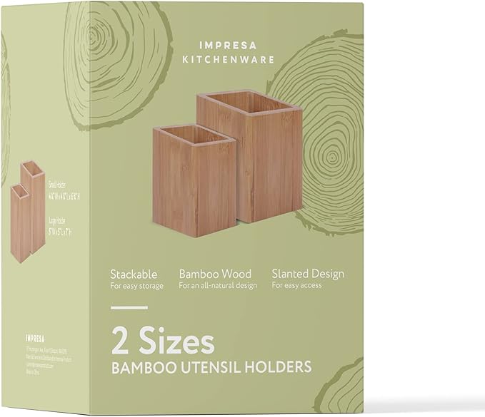 IMPRESA Wooden Kitchen Utensil Holder Set - Slanted Access Design & Silverware Organizer - Stylish Display & Countertop Organizer for Kitchen Organization - Natural Unfinished, Pack of 2