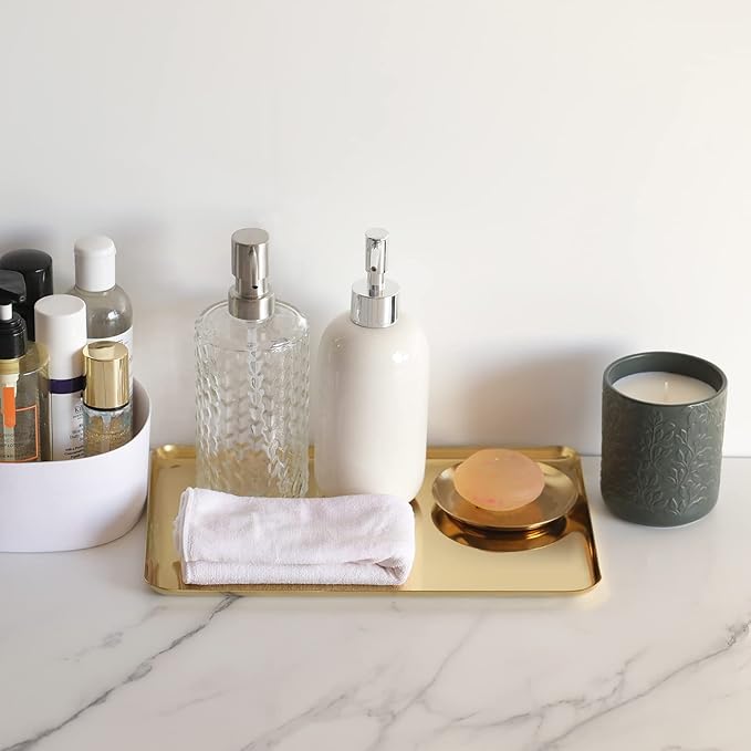 FREELOVE Rectangle Metal Decorative Serving Tray, Perfume Organizer Candle Towel Makeup Jewelry Organization Dresser Vanity Counter Coffee Table Desk Preppy Room Decor, Mirror Gold, 12''X7.9''