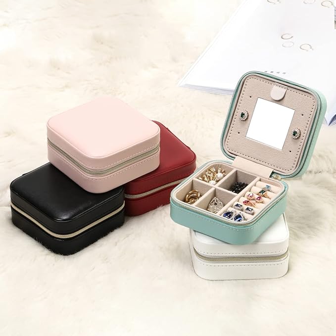 Jewelry Travel Case with Mirror,Small Travel Jewelry Organizer, Portable Jewelry Box Travel Mini Organizer Portable Display Storage Box For Rings Earrings Necklaces (NavyBlue)