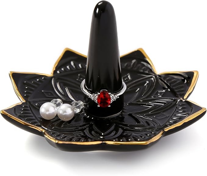 Ceramic Ring Holder for Jewelry,Black Mandala Ring Dish Jewelry Dish Jewelry Holder,Room Decor,Engagement Wedding Birthday Gifts for Couples Women