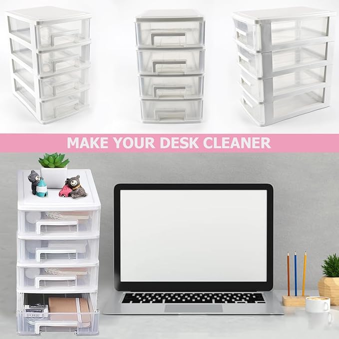 4 Tier Plastic Drawer Type Closet,Portable Storage Cabinet Sundries Storage Cosmetics Jewelry Storage Box for Home Office(White)