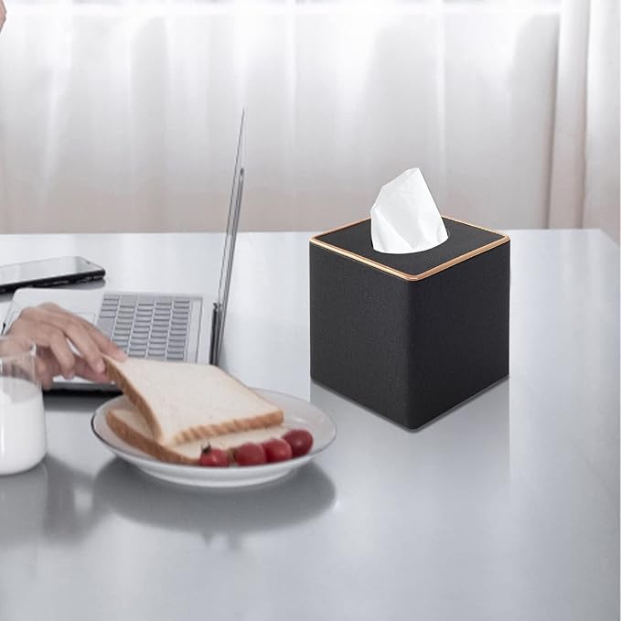 Linen Square Tissue Box Cover,Cube Tissue Box Holderï¼Excellent Rosegold Leather Decoration,Table Napkin Case Dispenser,Facial Tissues Organizer with Magnetic Bottom for Home Office Car(Black)