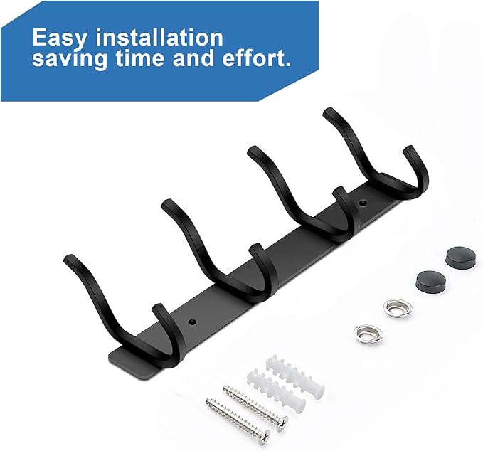 Wall Hooks, 12 Inch Coat Rack Wall Mount with 4 Hooks, Black Wall Hooks for Entryway, Bathroom - for Hanging Backpack, Bag, Coat, Purse, Hat, Towel, Clothes,2 Packs