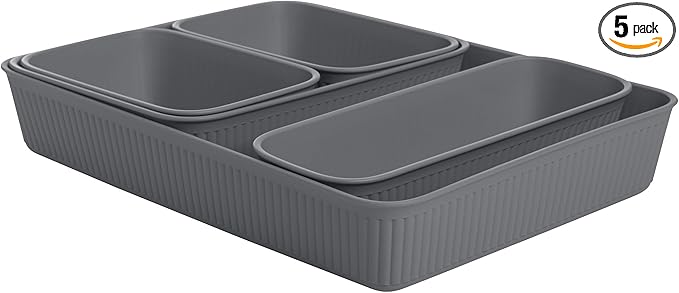 Superio Ribbed Collection - Decorative Plastic Basket Desk Drawer Organizer Tray, Grey (Set of 5) Open Home Storage Bins Organizer Baskets, for Organizing Closet Storage Bins for Shelves Drawer Shelf