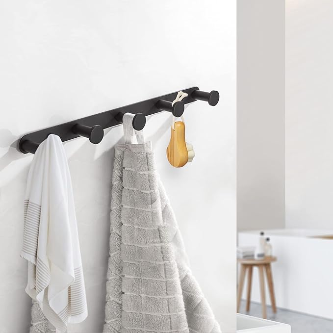 BigBig Home Black Bathroom Towel Hook, Coat Rack with 5 Hooks Wall Mount Matte Black Robe Hanger Heavy Duty Stainless Steel, 13 Inch