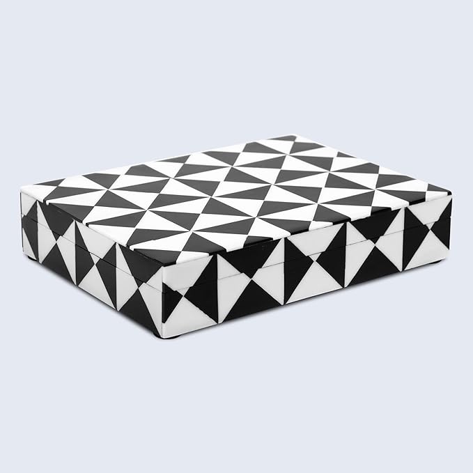 Handicrafts Home Small Decorative Storage Box with Lid – Black and White Keepsake Box, Decorative Trinket Box for Jewelry, Desk Organizer, Coffee Table & Shelf Decor – Trianlge 8 x 5 x 2