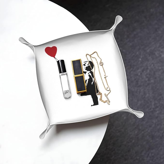 Banksy Heart Leather Vanity Tray Desktop Storage Organizer, Decorative Catchall Perfume Tray, Bathroom Valet Tray,Nightstand Caddy Holder for Keys Phone Wallet Coin Jewelry, S