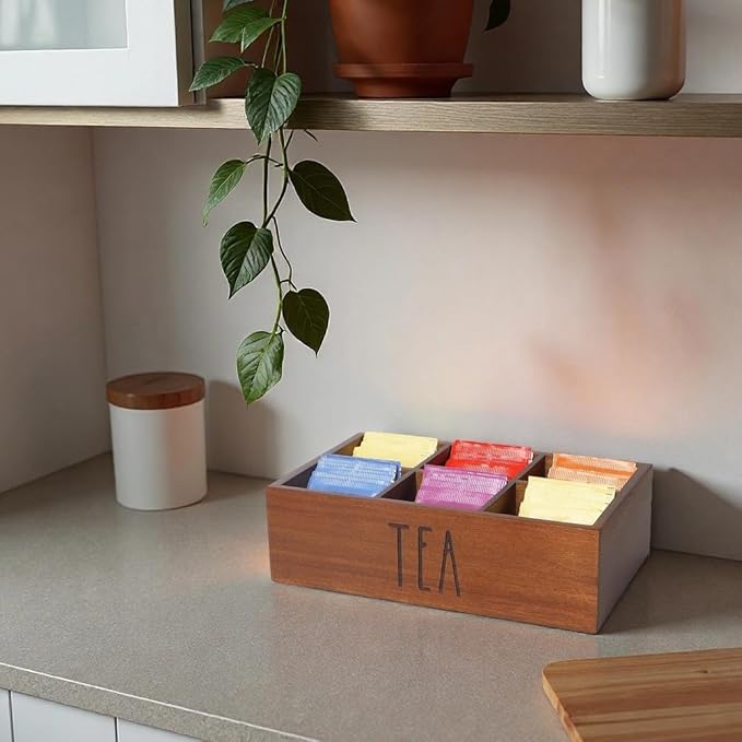 Tea Bag Organizer,Acacia Wood Tea Storage Containers with 6 Compartments, Sugar Packet Holder,Tea Bag Caddy Box for Cabinet Countertop Office (Brown- Labeled TEA)
