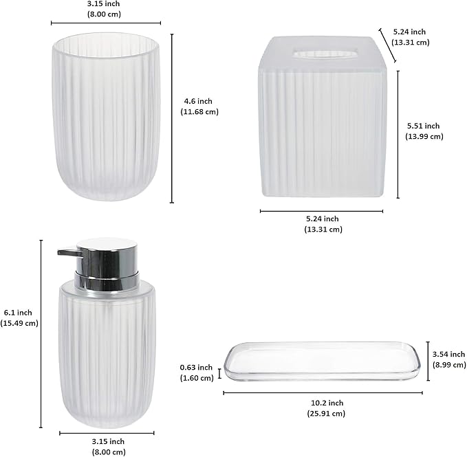 Decozen Bathroom Accessories - 4Pcs Bath Accessories for Home Decor Soap Dispenser, Lotion Dispenser, Tissue Box & Tray for Bath Decor Countertop Organizer - Christmas Decorations, Housewarming Gift