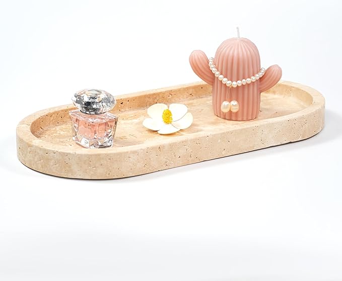 Travertine Marble Oval Tray - Stone Decorative Perfume Trinket Jewelry Dish, Catchall Organizer for Bathroom Vanity Dresser Kitchen Countertop Home Decor