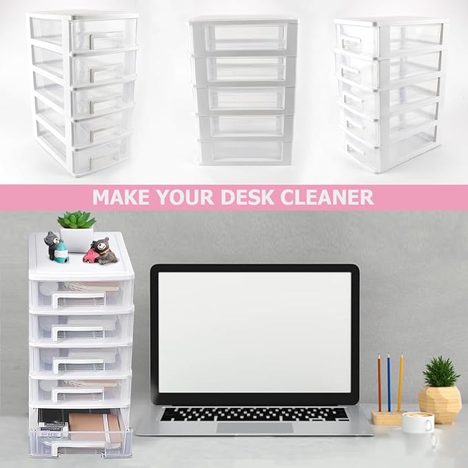 5 Tier Plastic Drawer Type Closet,Portable Storage Cabinet Sundries Storage Cosmetics Jewelry Storage Box for Home Office(White)